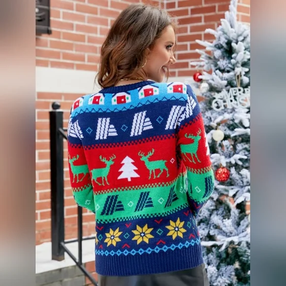 Knit Fair Isle Sweater Tree Reindeer Snowflake Bold Geometric Classic Winter Top - Picture 6 of 7